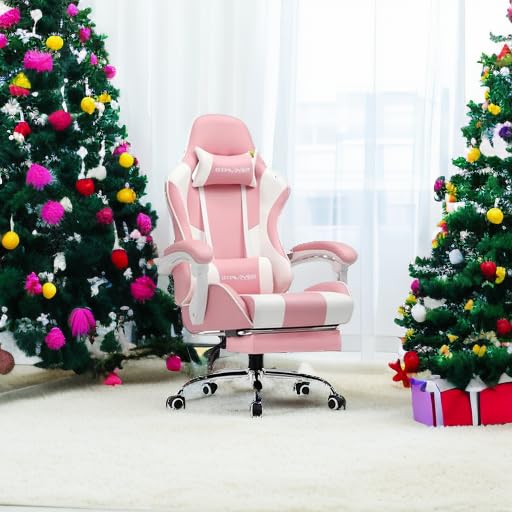 GTPLAYER Gaming Chair, Computer Chair with Footrest and Lumbar Support, Height Adjustable Game Chair with 360°-Swivel Seat and Headrest and for Office or Gaming (White)