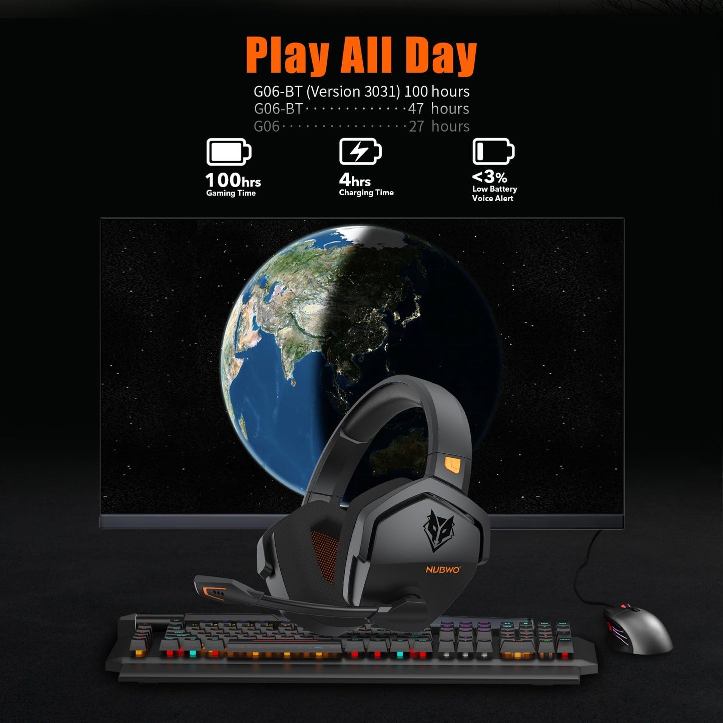 NUBWO G06 Dual Wireless Gaming Headset with Microphone for PS5, PS4, PC - 23ms Low Latency Audio - 100-Hour of Playtime - 50mm Drivers (Black-Orange)