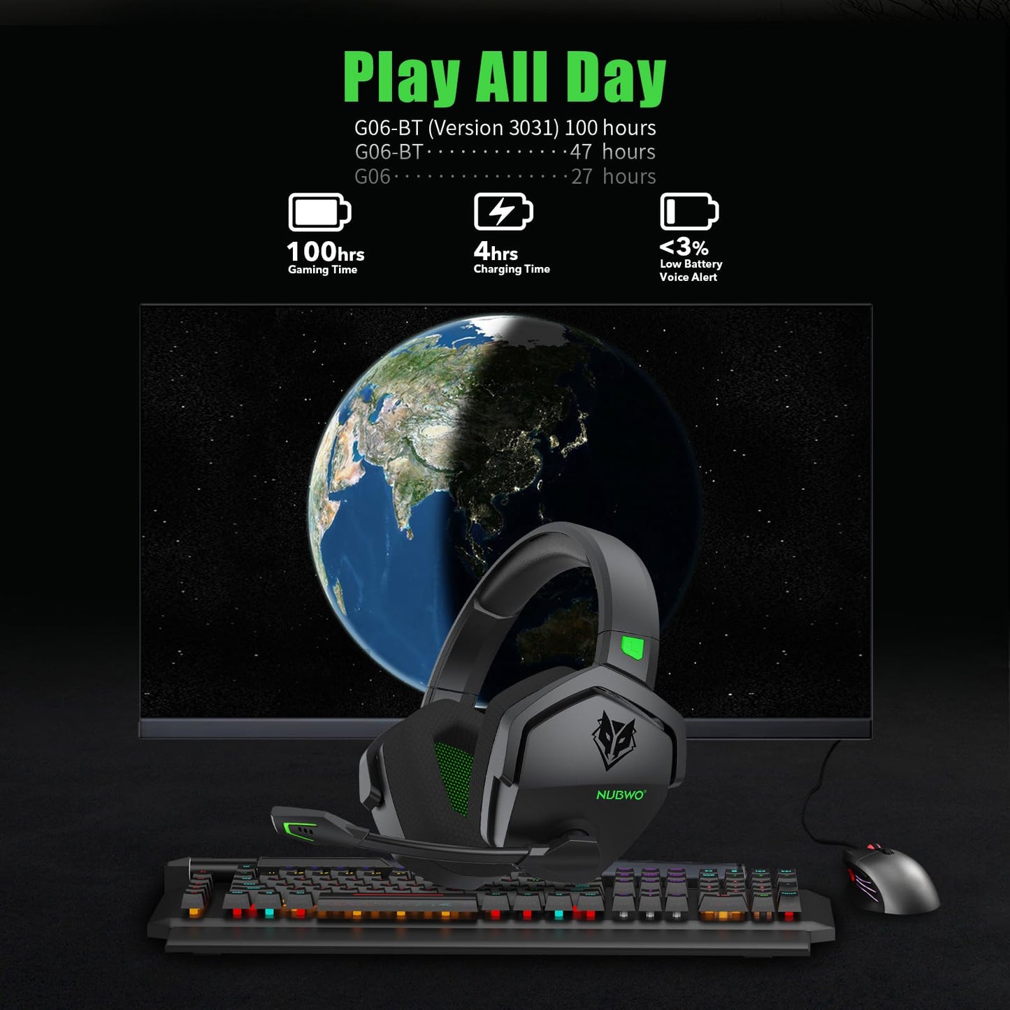 NUBWO G06 Dual Wireless Gaming Headset with Microphone for PS5, PS4, PC - 23ms Low Latency Audio - 100-Hour of Playtime - 50mm Drivers (Black-Orange)