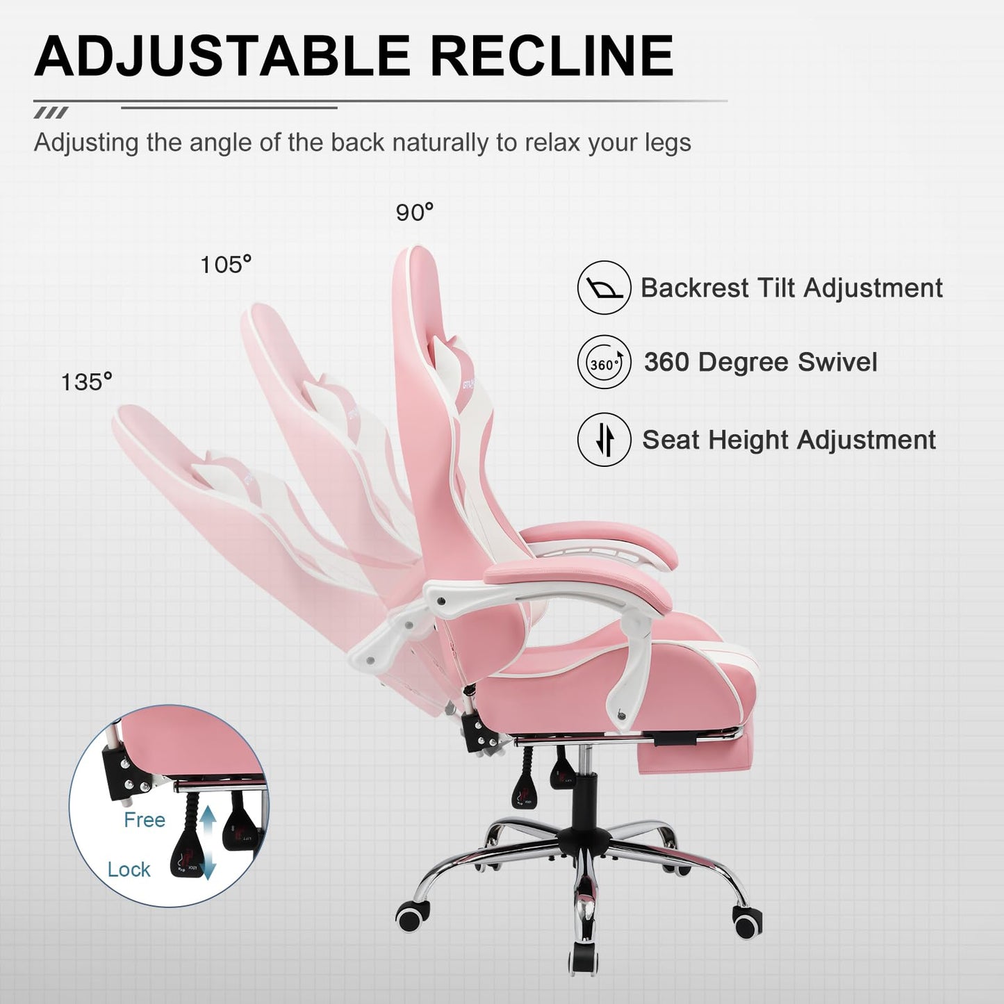 GTPLAYER Gaming Chair, Computer Chair with Footrest and Lumbar Support, Height Adjustable Game Chair with 360°-Swivel Seat and Headrest and for Office or Gaming (White)