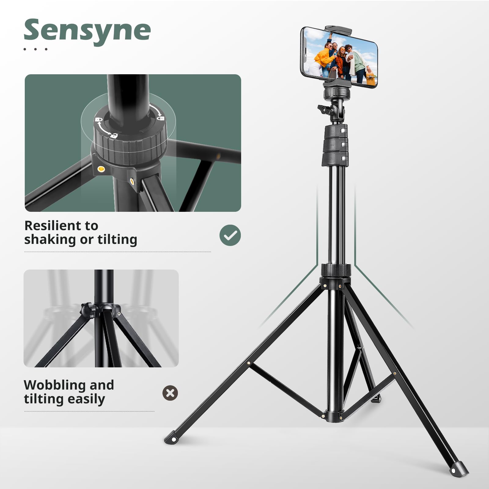 SENSYNE 62" Phone Tripod & Selfie Stick, Extendable Cell Phone Tripod Stand with Wireless Remote and Phone Holder, Compatible with iPhone Android Phone, Camera