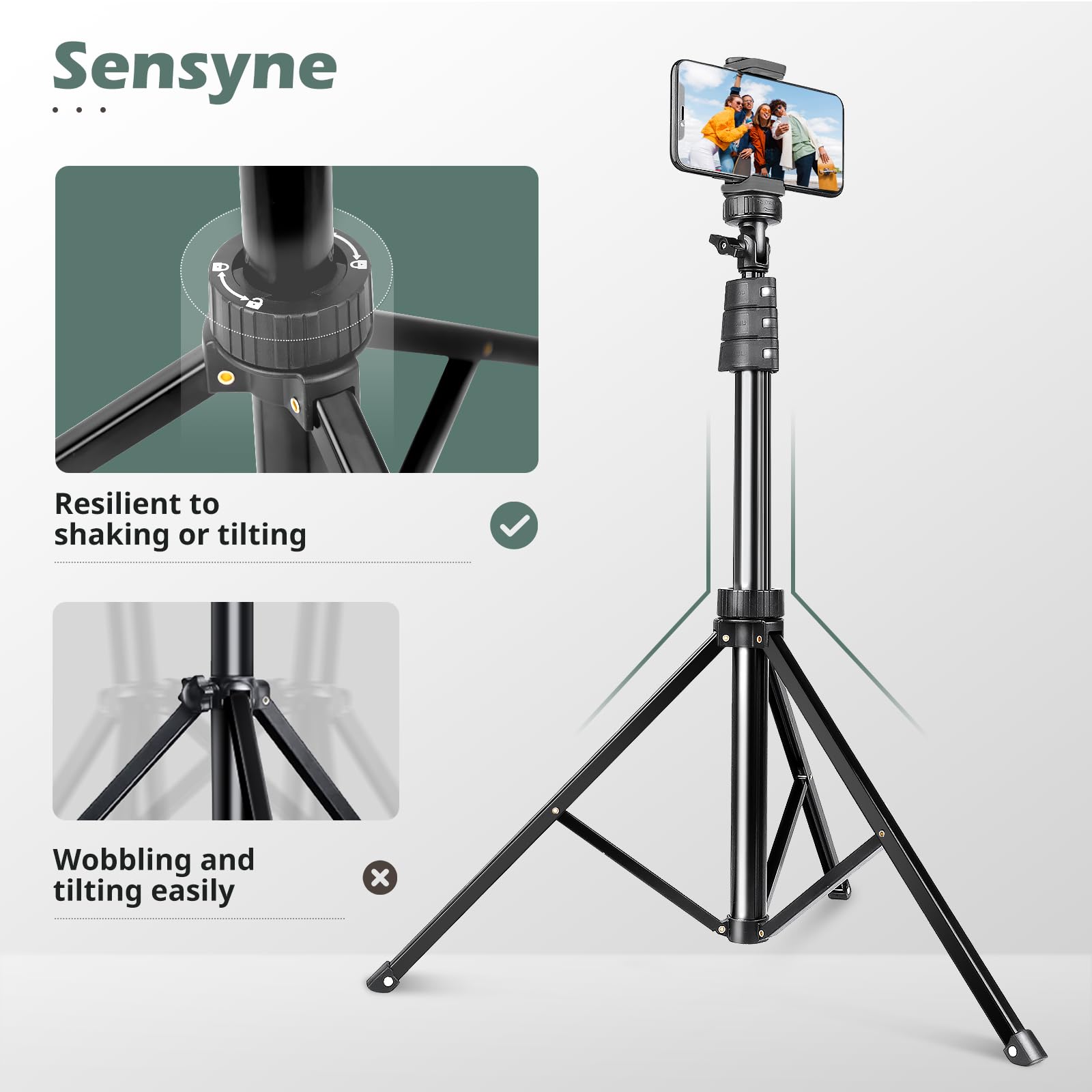 SENSYNE 62" Phone Tripod & Selfie Stick, Extendable Cell Phone Tripod Stand with Wireless Remote and Phone Holder, Compatible with iPhone Android Phone, Camera