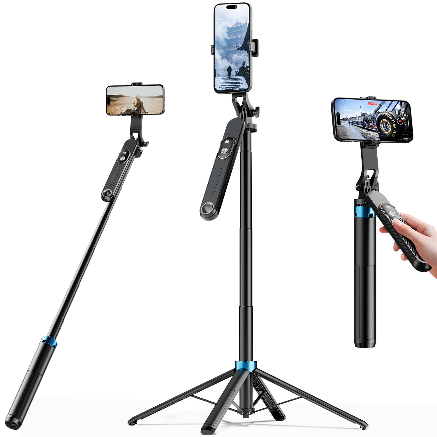 EUCOS 62" Phone Tripod, Tripod for iPhone & Selfie Stick Tripod with Remote, Extendable Phone Tripod Stand & Travel Tripod, Solidest Cell Phone Tripod Compatible with iPhone/Android