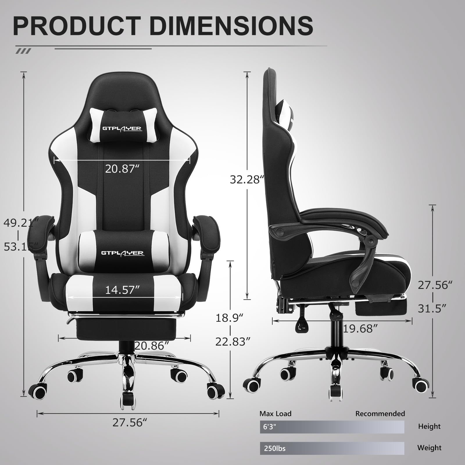 GTPLAYER Gaming Chair, Computer Chair with Footrest and Lumbar Support, Height Adjustable Game Chair with 360°-Swivel Seat and Headrest and for Office or Gaming (White)