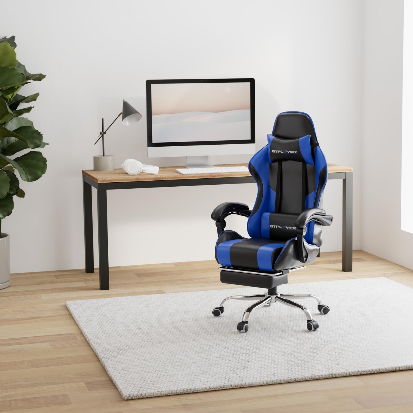 GTPLAYER Gaming Chair, Computer Chair with Footrest and Lumbar Support, Height Adjustable Game Chair with 360°-Swivel Seat and Headrest and for Office or Gaming (White)