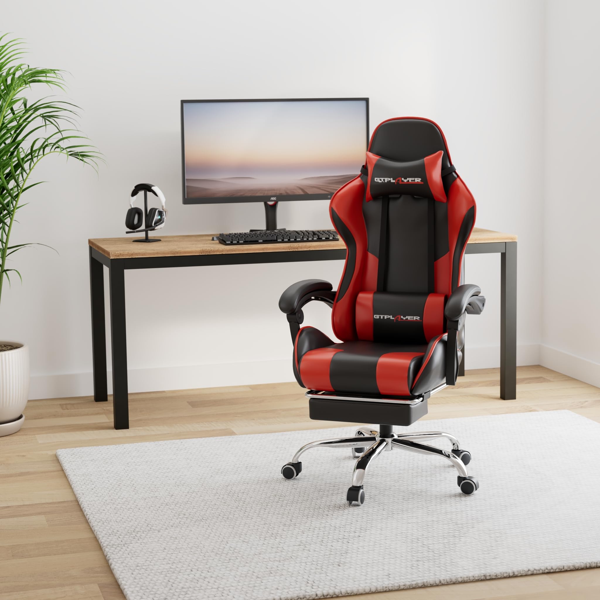 GTPLAYER Gaming Chair, Computer Chair with Footrest and Lumbar Support, Height Adjustable Game Chair with 360°-Swivel Seat and Headrest and for Office or Gaming (White)