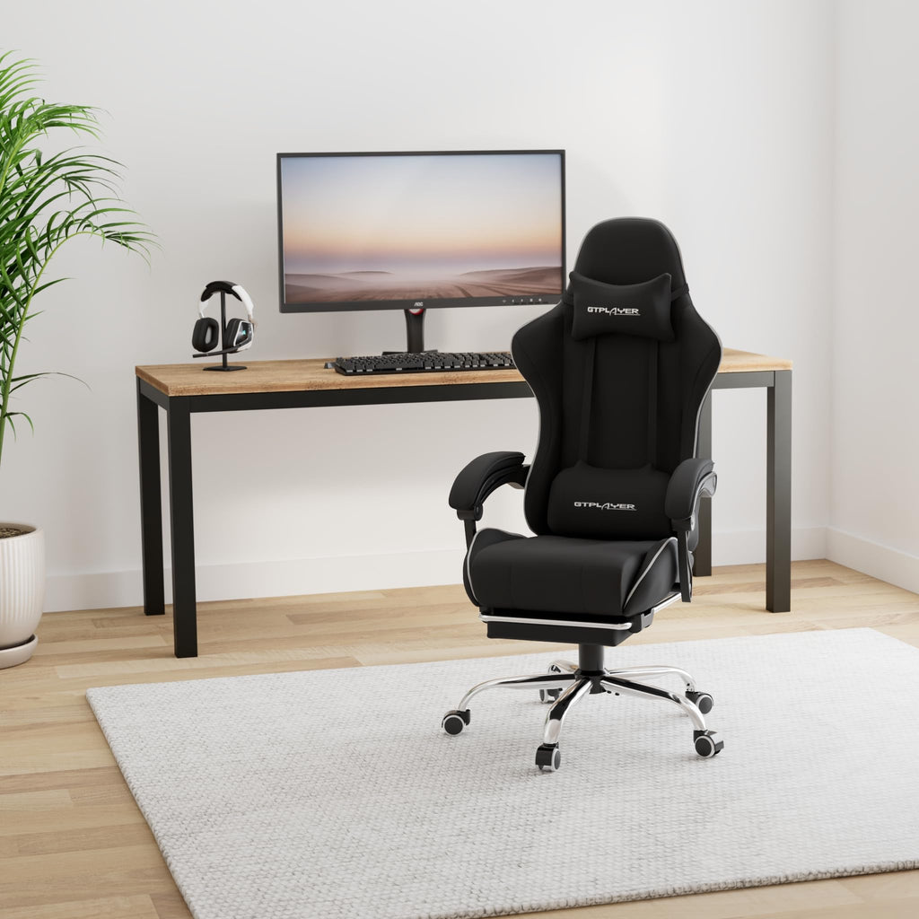 GTPLAYER Gaming Chair, Computer Chair with Footrest and Lumbar Support, Height Adjustable Game Chair with 360°-Swivel Seat and Headrest and for Office or Gaming (White)
