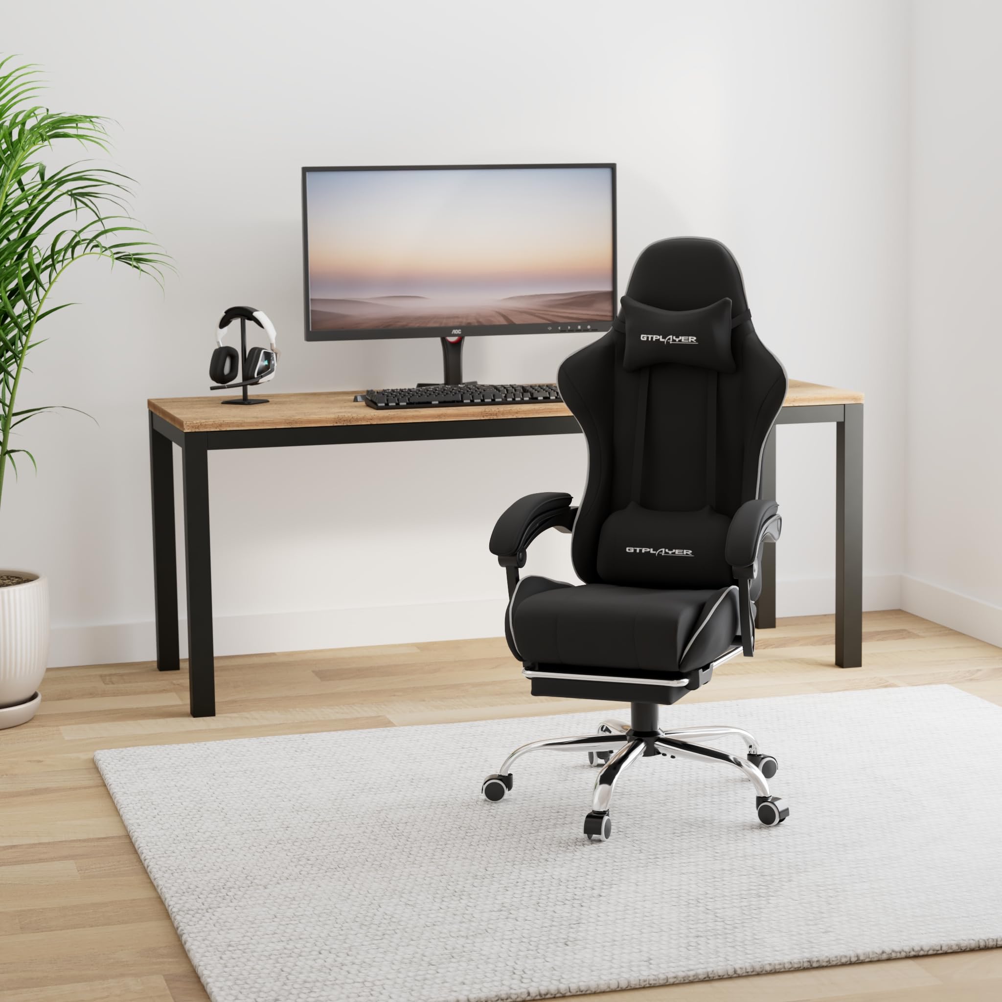 GTPLAYER Gaming Chair, Computer Chair with Footrest and Lumbar Support, Height Adjustable Game Chair with 360°-Swivel Seat and Headrest and for Office or Gaming (White)