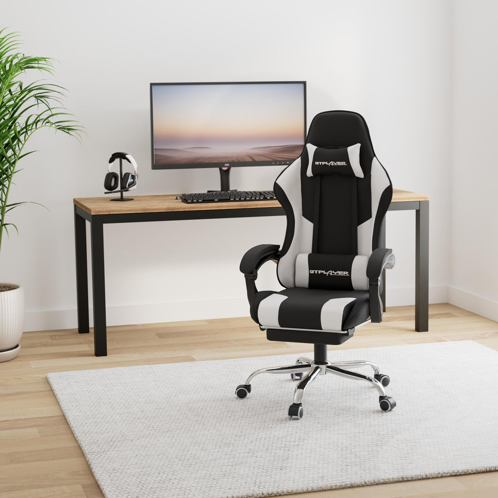 GTPLAYER Gaming Chair, Computer Chair with Footrest and Lumbar Support, Height Adjustable Game Chair with 360°-Swivel Seat and Headrest and for Office or Gaming (White)