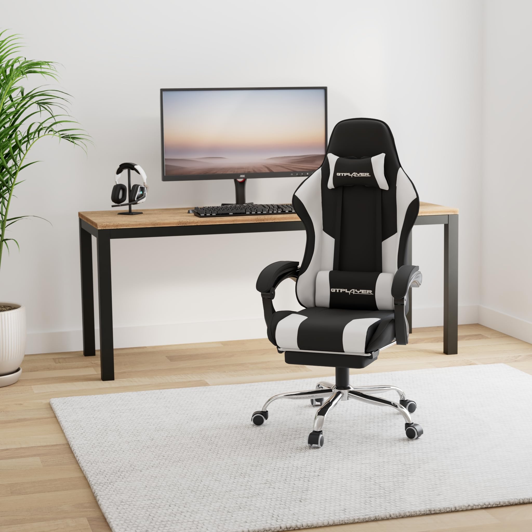 GTPLAYER Gaming Chair, Computer Chair with Footrest and Lumbar Support, Height Adjustable Game Chair with 360°-Swivel Seat and Headrest and for Office or Gaming (White)