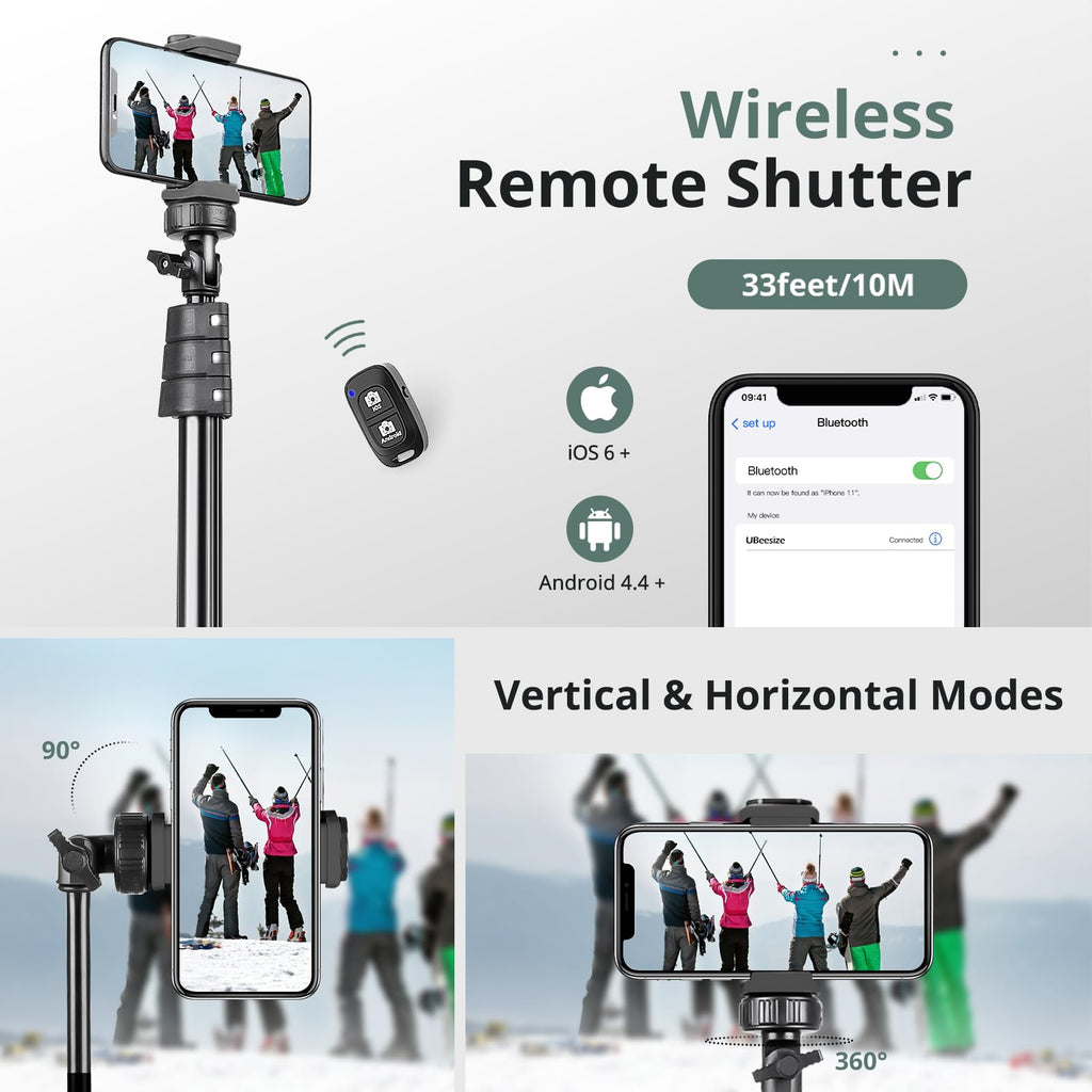 SENSYNE 62" Phone Tripod & Selfie Stick, Extendable Cell Phone Tripod Stand with Wireless Remote and Phone Holder, Compatible with iPhone Android Phone, Camera