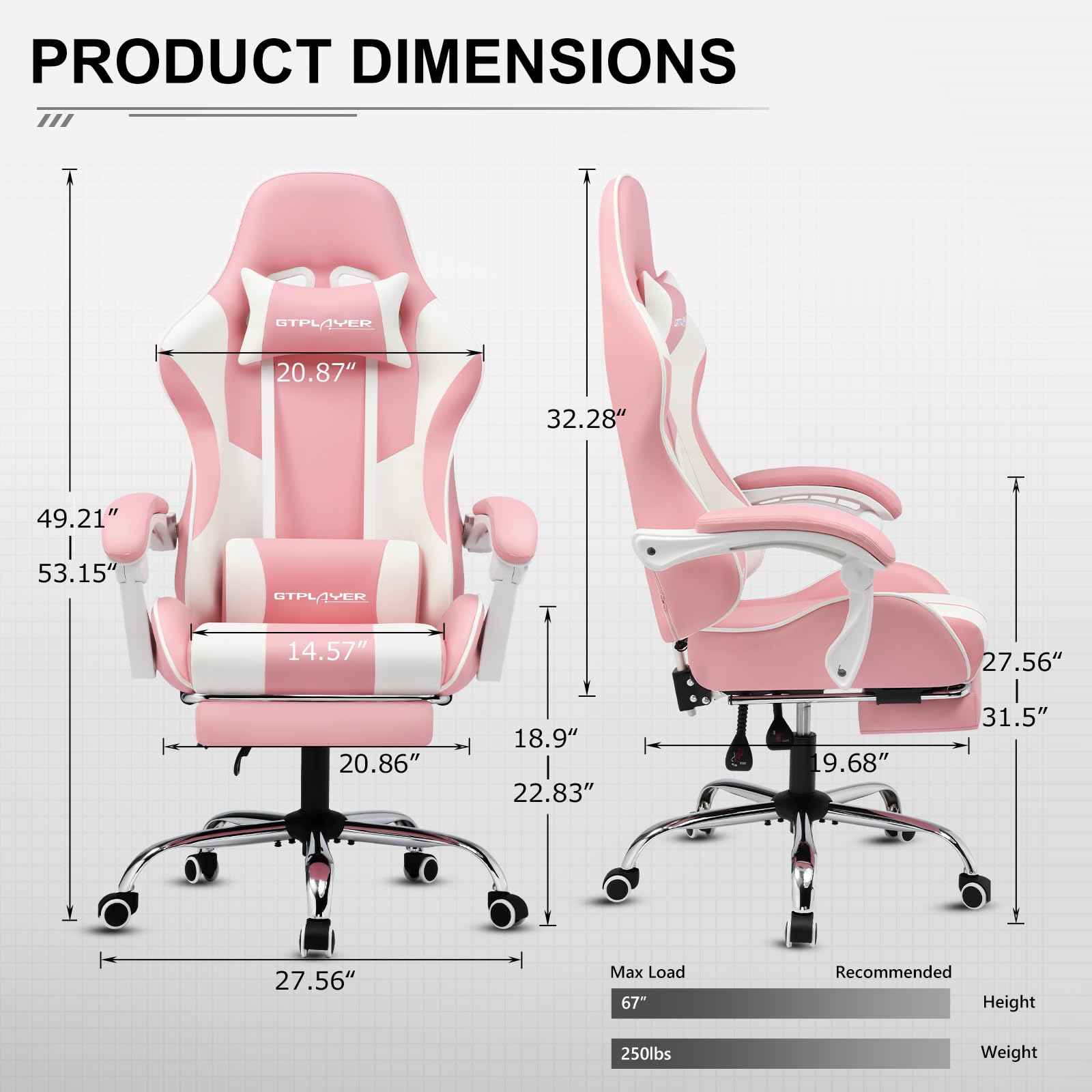 GTPLAYER Gaming Chair, Computer Chair with Footrest and Lumbar Support, Height Adjustable Game Chair with 360°-Swivel Seat and Headrest and for Office or Gaming (White)