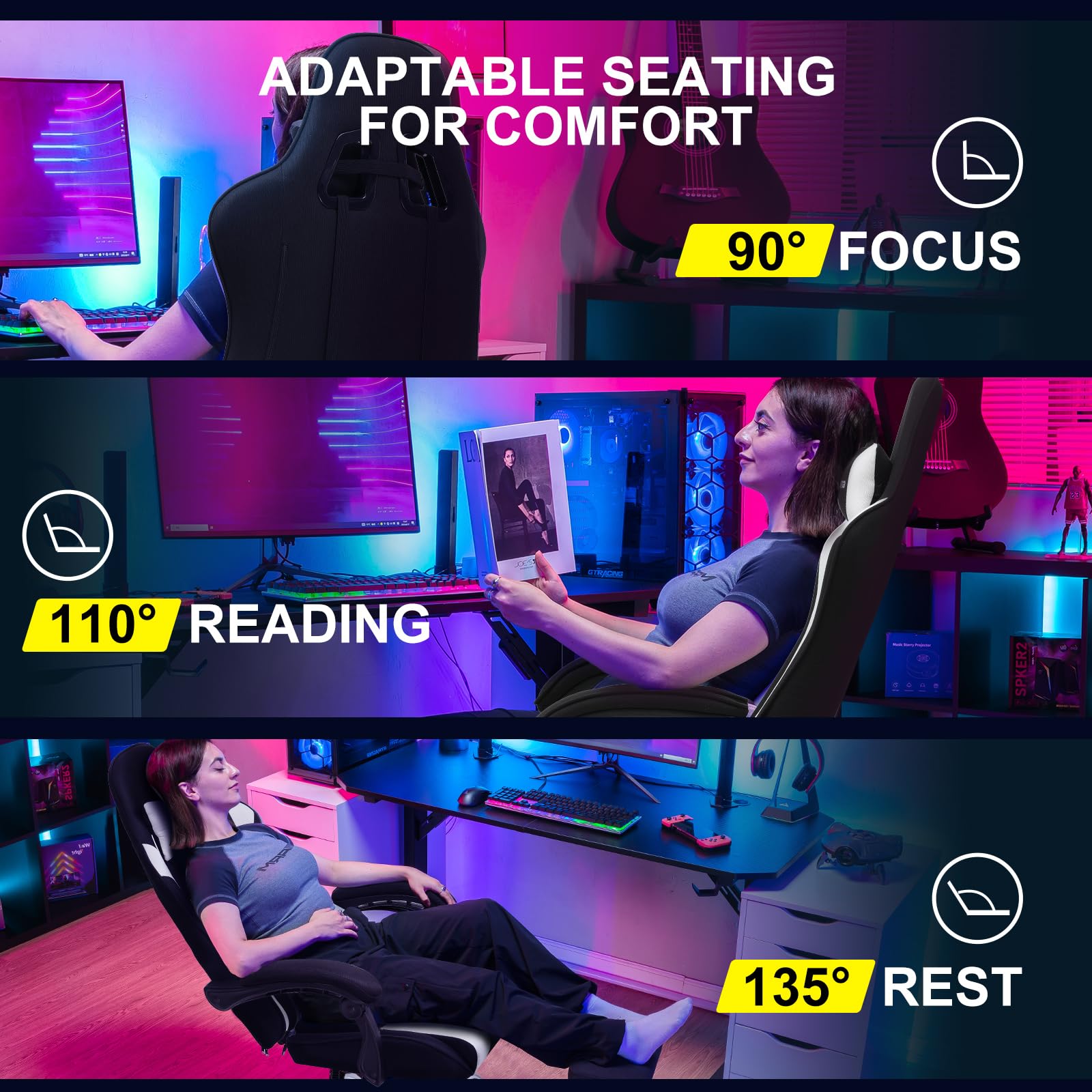 GTPLAYER Gaming Chair, Computer Chair with Footrest and Lumbar Support, Height Adjustable Game Chair with 360°-Swivel Seat and Headrest and for Office or Gaming (White)